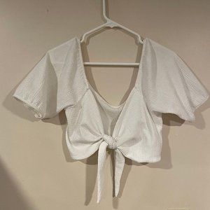 White Tie-Front White Puff Sleeve Crop Top